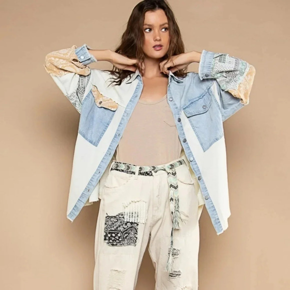 New! POL Oversized Contrast Denim Ivory Fabric Panels Button Down Shacket - Picture 8 of 13